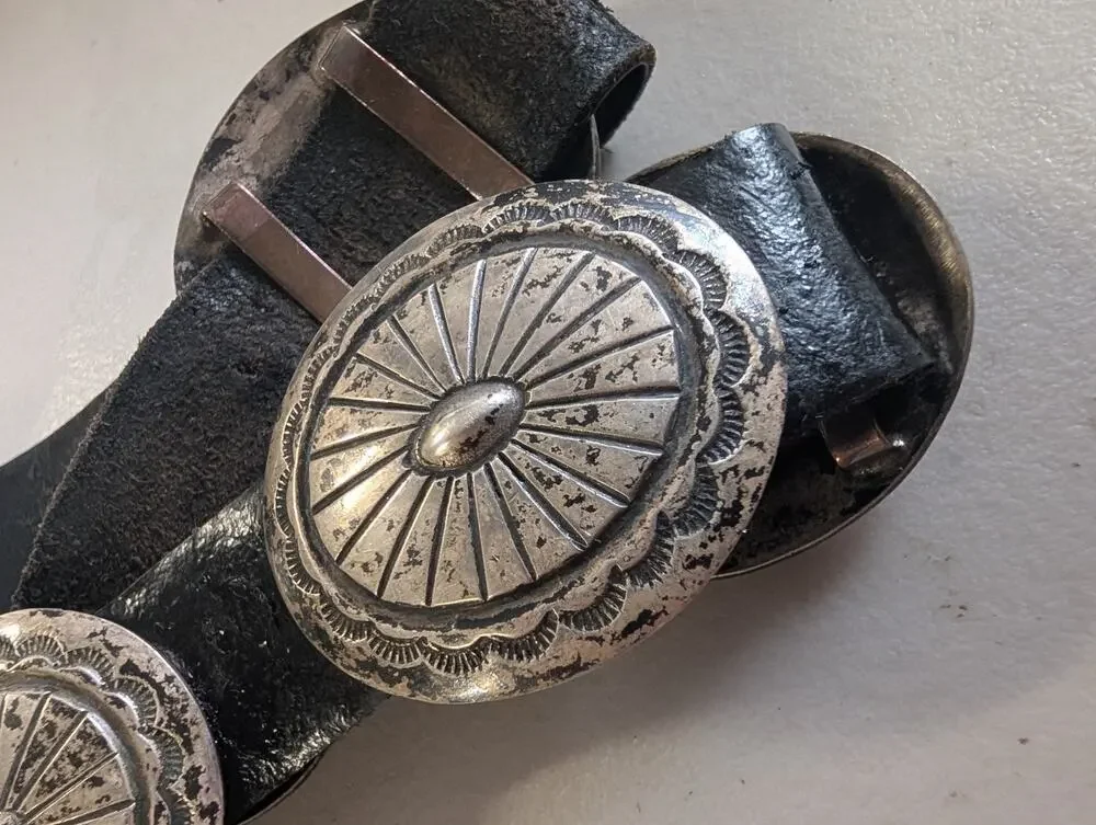 Vintage Tim Guerro Sterling Silver Concho Belt with Leather Strap Navajo Rare
